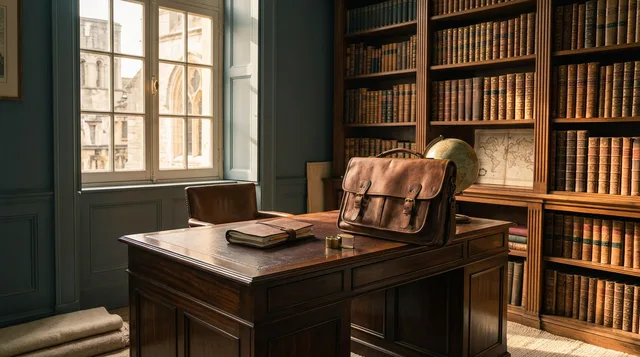 A quiet study with a leather desk, briefcase, and bookshelf of reference volumes
