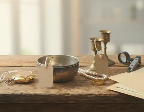 A silver bowl, a gold pocket watch, brass candlesticks, a pearl necklace, and a gold ring on a wooden table, each tied with a blank inventory tag