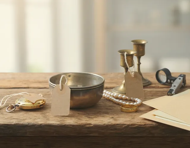 A silver bowl, a gold pocket watch, brass candlesticks, a pearl necklace, and a gold ring on a wooden table, each tied with a blank inventory tag