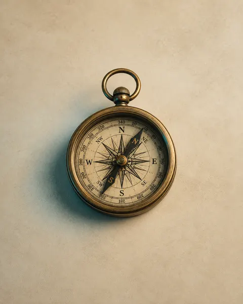 A brass compass resting on a warm neutral surface