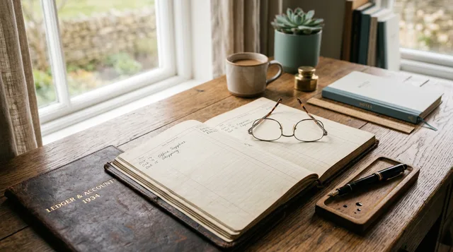 An open ledger, reading glasses, and a fountain pen on a wooden desk