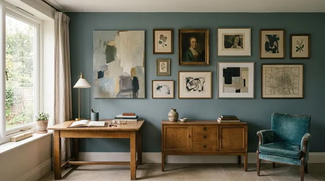 A wall of framed artwork and prints above an antique sideboard