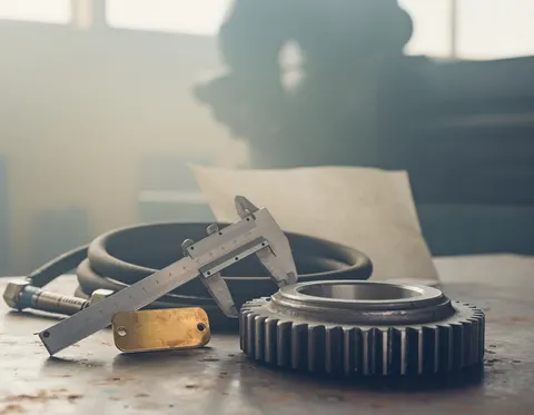 A steel vernier caliper, a blank brass data plate, a cast steel gear, and a coil of hydraulic hose on a scarred steel workbench, with machinery out of focus behind them