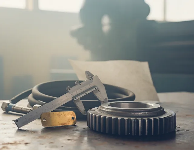 A steel vernier caliper, a blank brass data plate, a cast steel gear, and a coil of hydraulic hose on a scarred steel workbench, with machinery out of focus behind them
