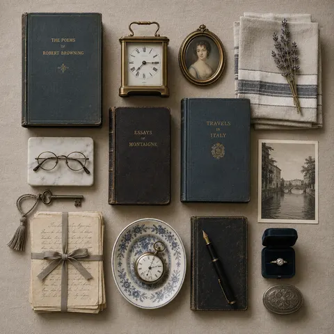 A flat-lay of antique books, a clock, a framed portrait miniature, and other estate keepsakes