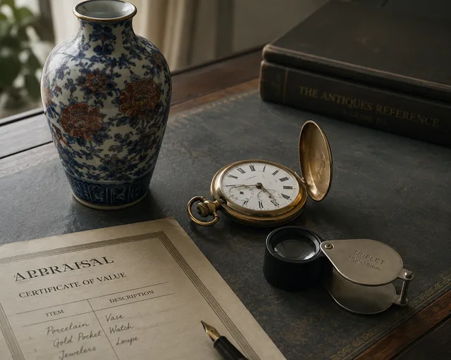 A porcelain vase, gold pocket watch, and jeweler's loupe on a leather-topped desk beside a handwritten appraisal certificate