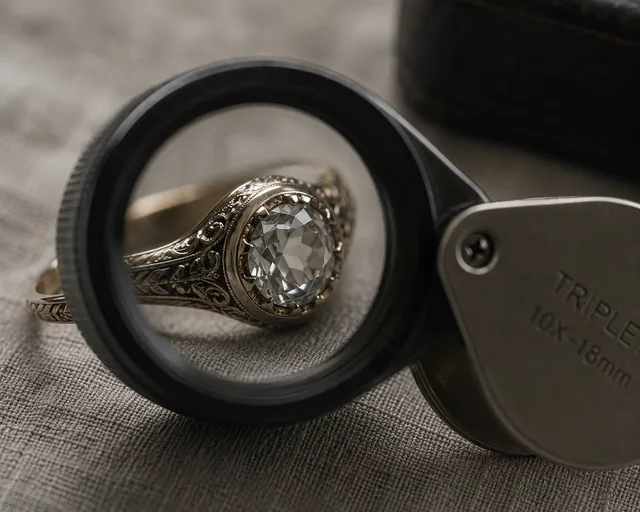 A jeweler's loupe magnifying a gemstone set in an antique ring