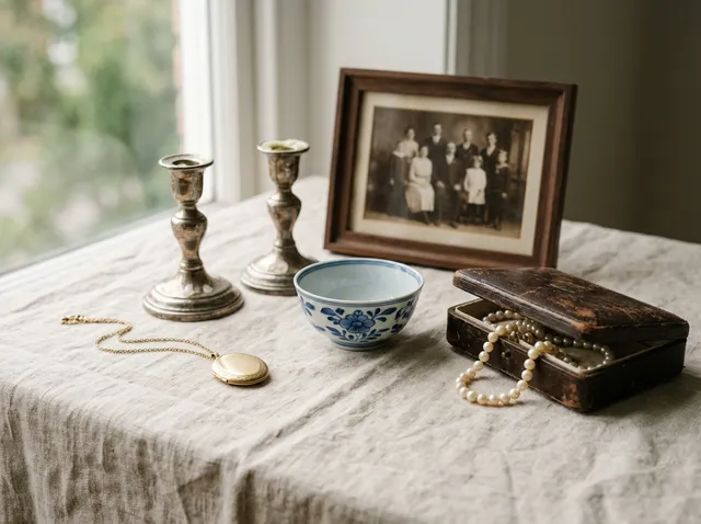 A gold locket, silver candlesticks, a blue-and-white bowl, and a pearl necklace in a worn leather box on a linen-covered table