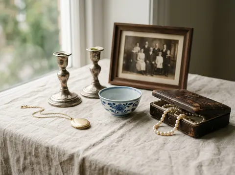 A gold locket, silver candlesticks, a blue-and-white bowl, and a pearl necklace in a worn leather box on a linen-covered table